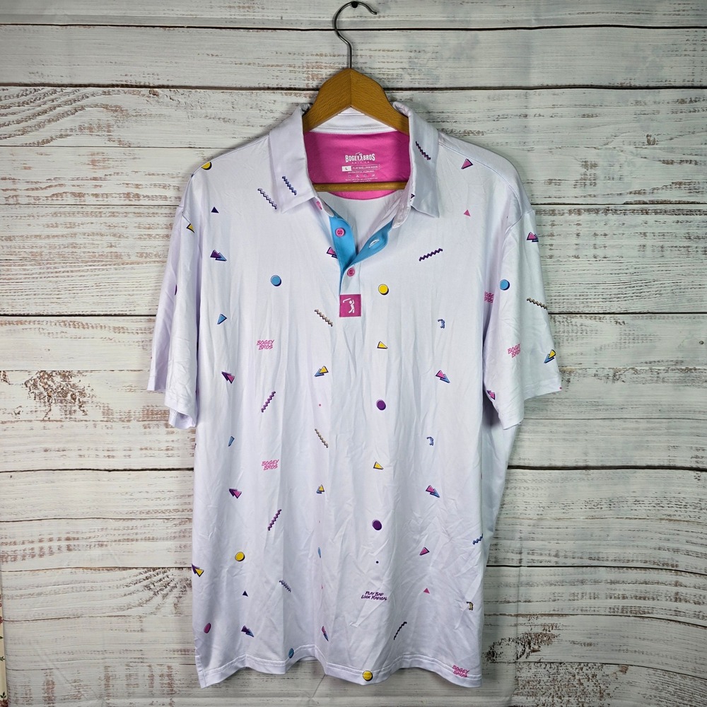 Bogey Bros Golf Co Men's Large White Retro 90s Geometric Performance Polo